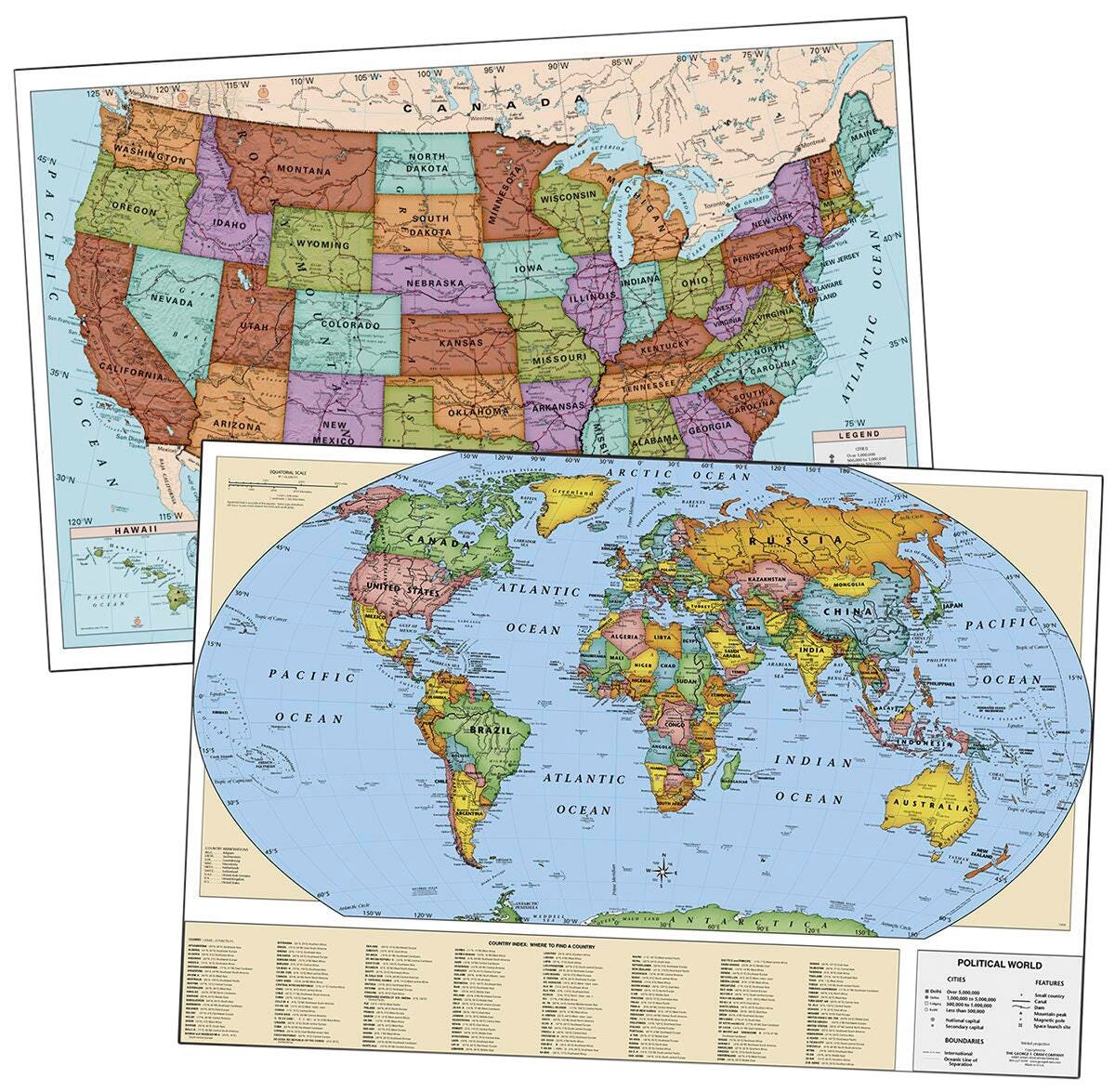 Laminated US and World Map Poster Set